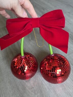 Red Sequin Cherry Ornament Pair with Velvet Bow